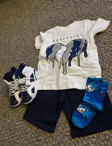 Customer photo review of French Blue 13s DopeSkill Toddler Kids T-shirt Slime Drip Heart Graphic