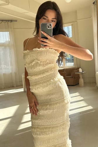 Customer photo review of Sabrina Vintage Ruched Maxi Bodycon Dress