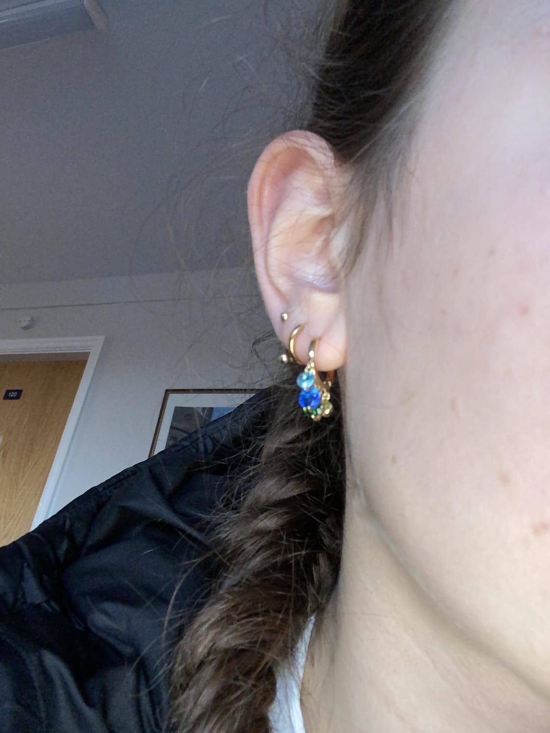 Customer photo review of Iris Rainbow Gold Waterfall Droplet Huggie Earrings
