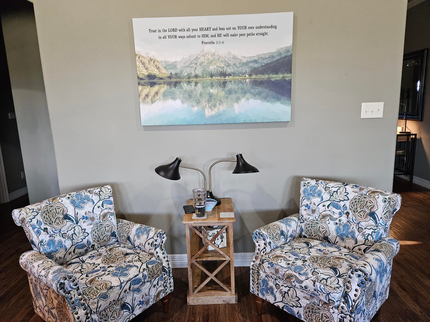 Customer photo review of Mountain lake, Proverbs 3:5-6 Trust in the Lord with all your heart, Christian wall art canvas