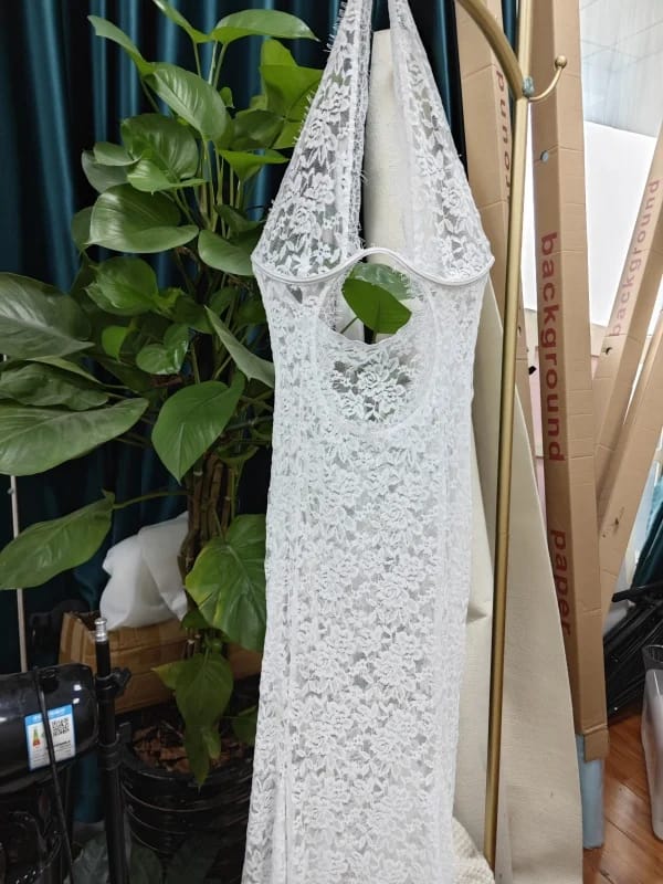 Customer photo review of White Lace Sheer Halter Gown - Unveil Your Allure