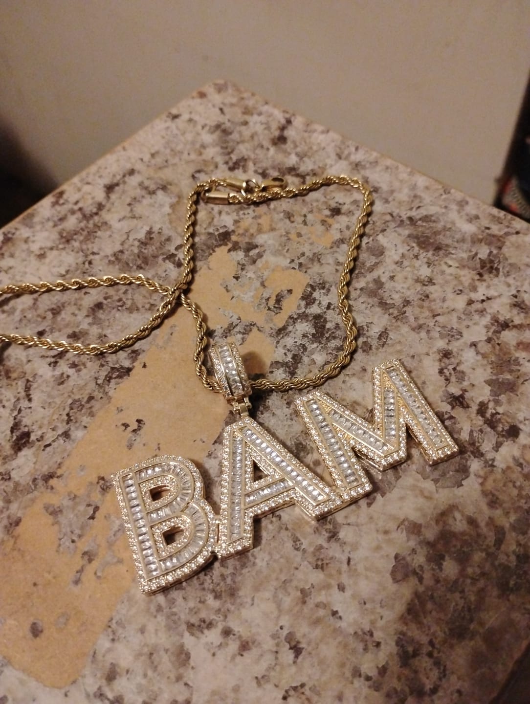 Customer photo review of Baguette Custom Letter Pendant Yellow Gold
