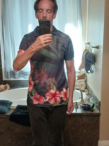 Customer photo review of Hawaiian Hibiscus Palm Tree Background Polynesian Polo Shirt