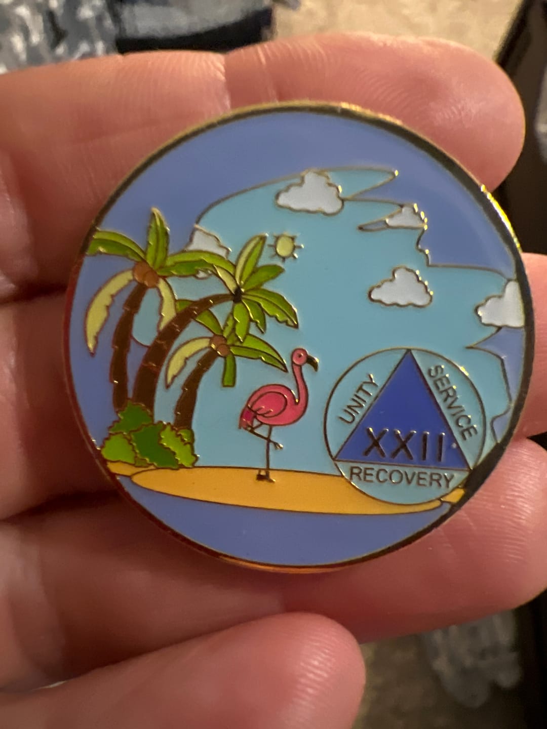 Customer photo review of 1 to 60 Year Beach Themed Specialty AA Recovery Medallion - Tri-Plated Chip/Coin