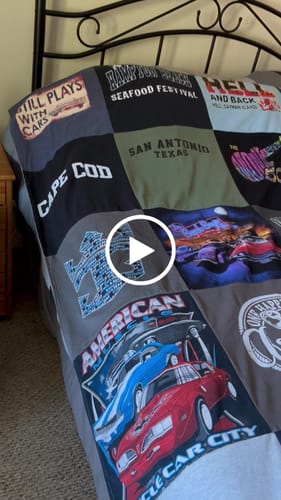 T-shirt quilt with cars, travel themes by Lynne from FL
