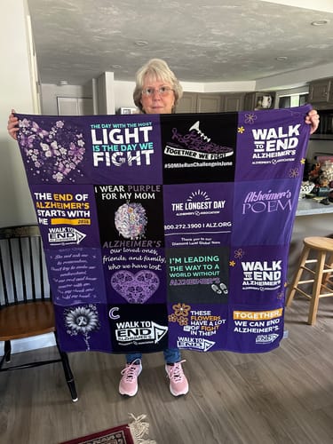 T-shirt quilt with advocacy for alzheimer's awareness, community support for alzheimer's themes by Patricia from MA