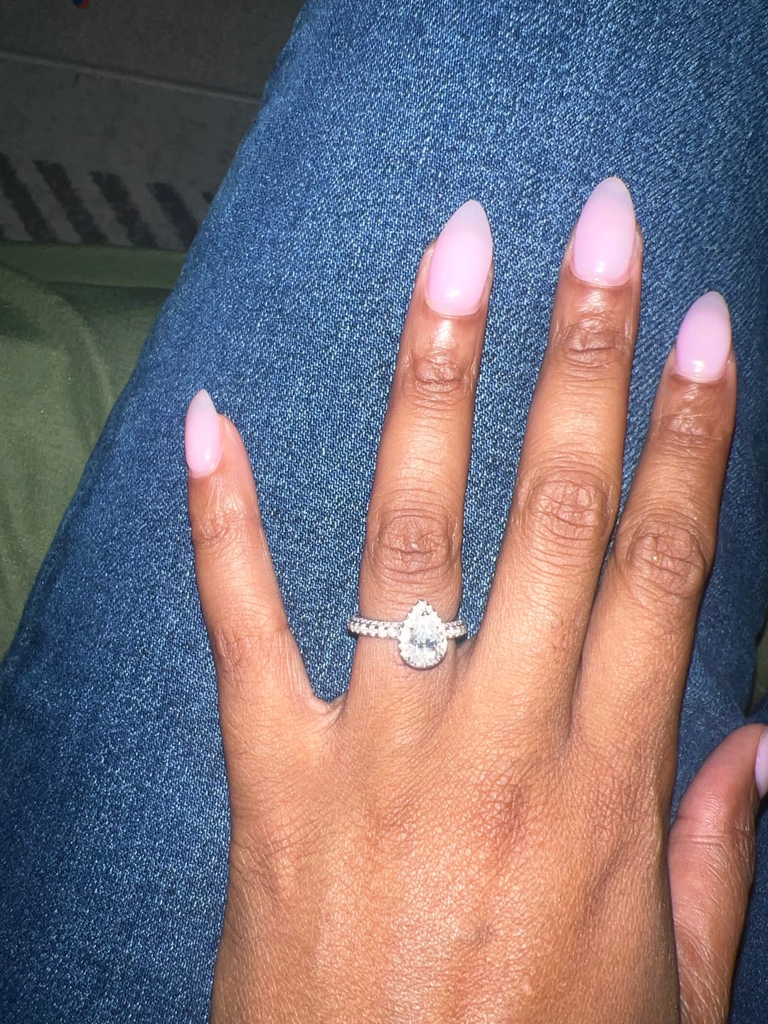 Customer photo review of Halo Pear Moissanite Triple Row Pave Engagement Ring