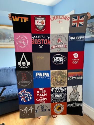 T-shirt quilt with boston, soccer themes by Deb from MA