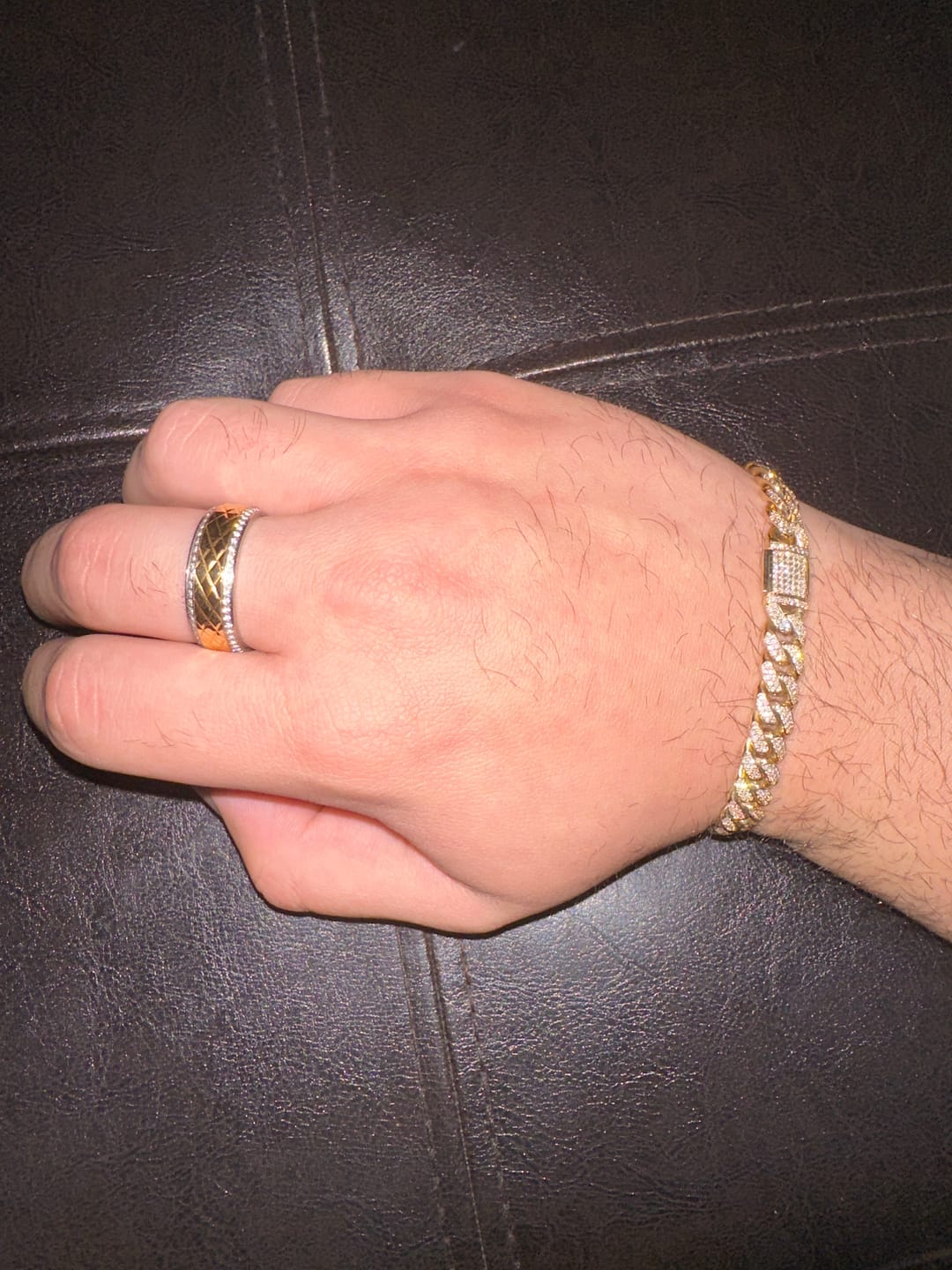 Customer photo review of 8mm - Silver Titanium Wedding Band Gold Diamond Pattern Center with Diamonds