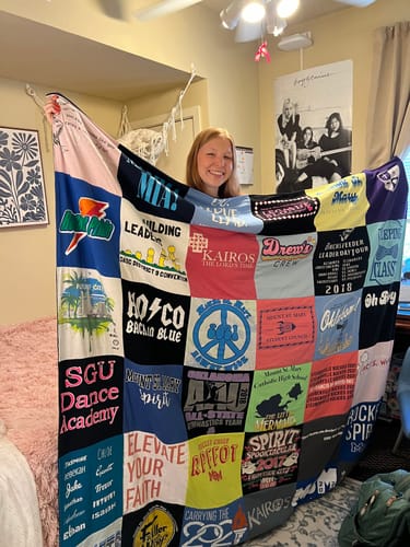 T-shirt quilt with dance, faith themes by Christine from OK