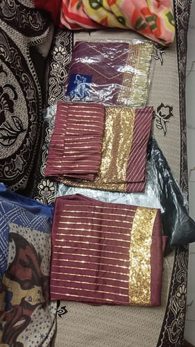 Customer photo review of Golden Vineyard: Satin Poshak in Wine Hue Adorned with Gilded Sequence(Semi stich)