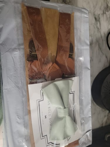 Customer photo review of Sage Bow Tie & Cognac Buckle Suspenders Set