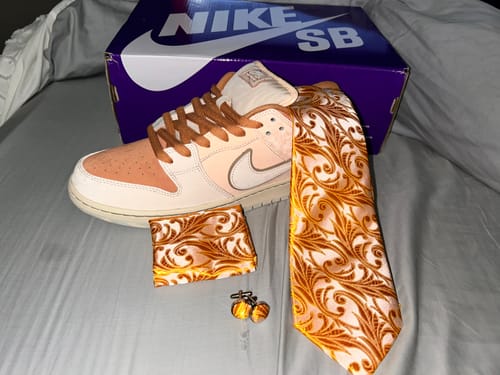 Customer photo review of Barry Wang Orange Tie Pink Floral Silk Tie Handkerchief Cufflinks Set