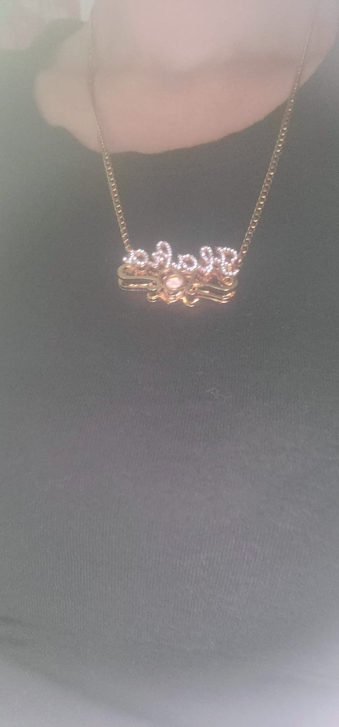 Customer photo review of Double Plated Iced Heart Photo Name Necklace w/ Cuban Chain