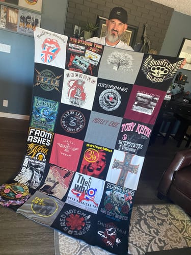 T-shirt quilt with music, concerts themes by Lisa from OR