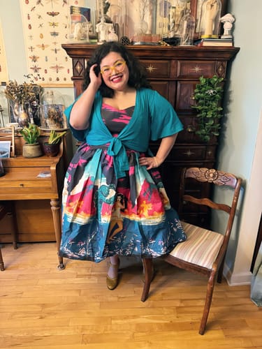 Customer photo review of PRE-ORDER - Universal Monsters: Creature from the Black Lagoon Vintage Movie Poster Dress and Matching Bolero in Teal