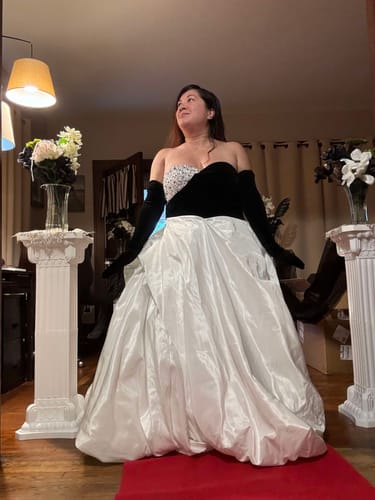 Customer photo review of Gothic Black And White Off Shoulder Embellished Wedding Dress - Evening Gown With Gloves Plus Size