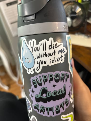 Customer photo review of "You will die without me you idiot" water sticker