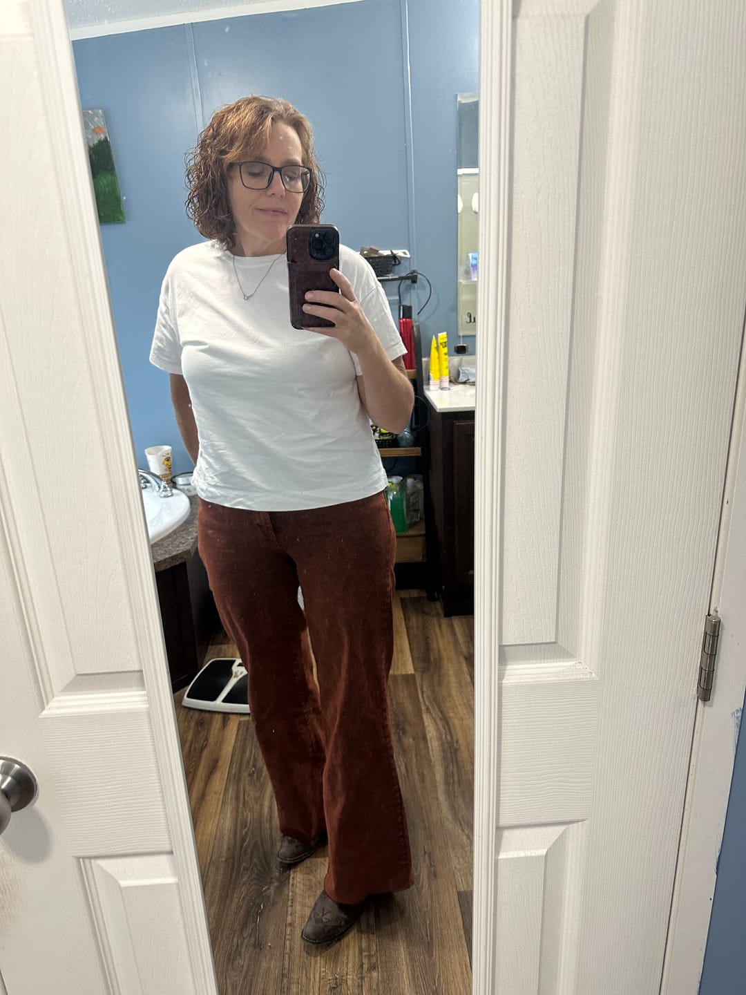 Customer photo review of Judy Blue High Waist Pumpkin Spice Dyed Raw Hem Retro Wide