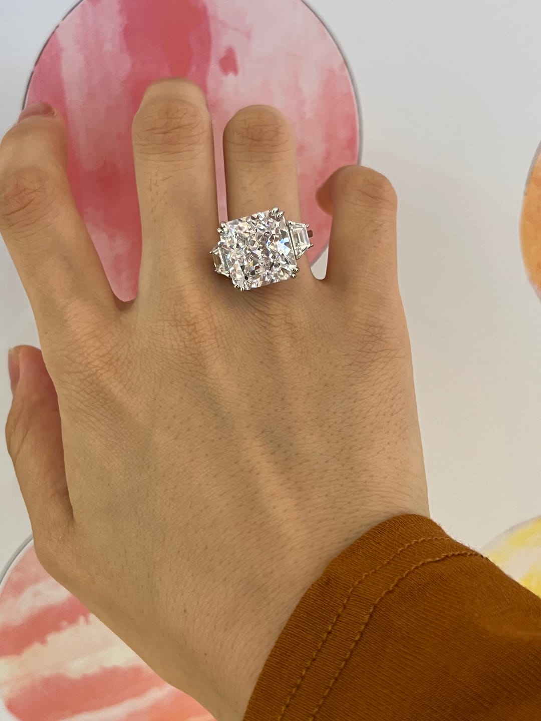 Customer photo review of S925 6.5/12.0 Ct Radiant Cut Crushed Ice Simulated Diamond Three-Stone Engagement Travel Ring