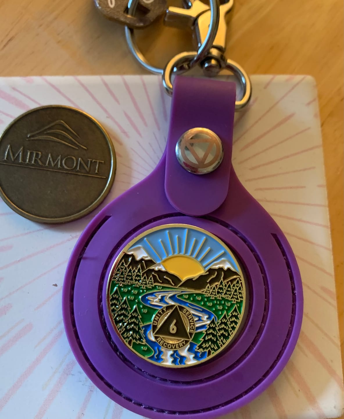 Customer photo review of 1 to 65 Year Sobriety Mint Winding River Gold Plated AA Recovery Medallion/Chip/Coin