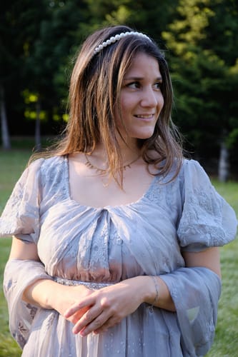 Customer photo review of Bridgerton Empire Waist grey ball gown, Regency Era dress with Lace Embroidery,  Jane Austin plus size