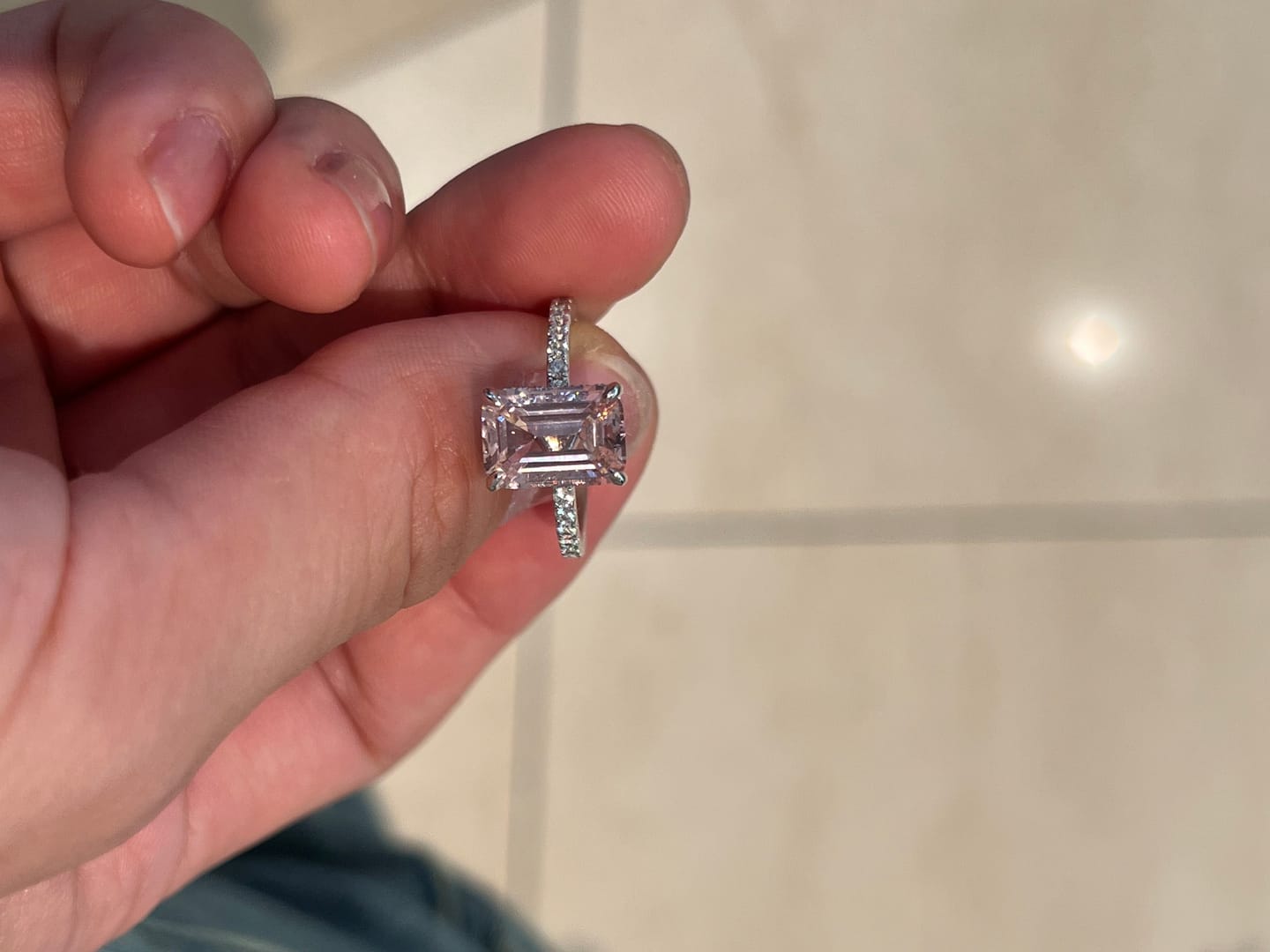 Customer photo review of Louily Elegant Emerald Cut Morganite Pink Women's Engagement Ring In Sterling Silver