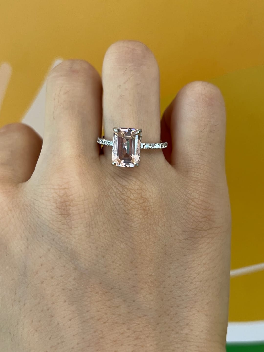 Customer photo review of Louily Elegant Emerald Cut Morganite Pink Women's Engagement Ring In Sterling Silver