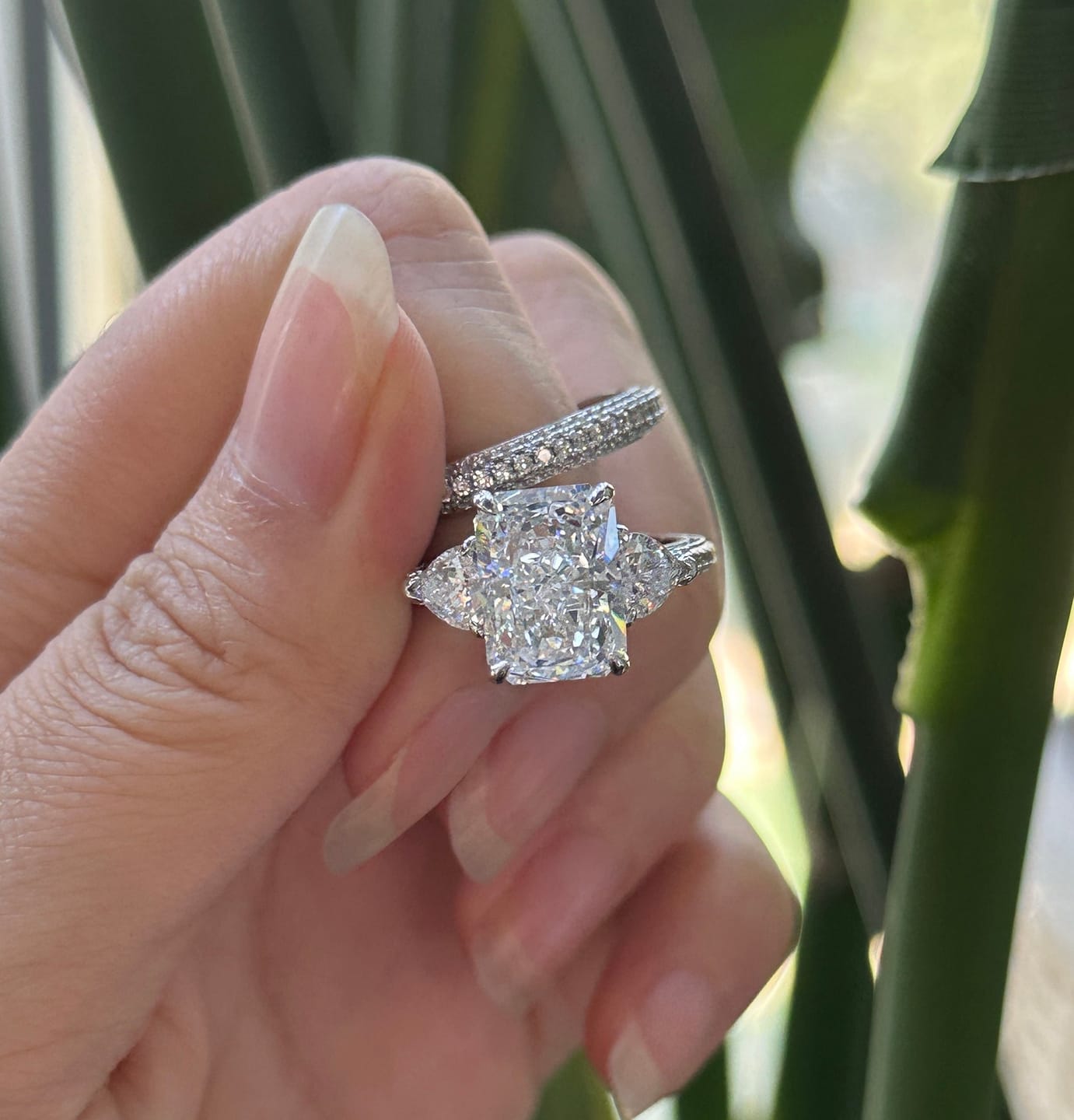 Customer photo review of S925 5.0Ct Radiant Cut & Heart Cut Three Stone Wedding Set In Sterling Silver