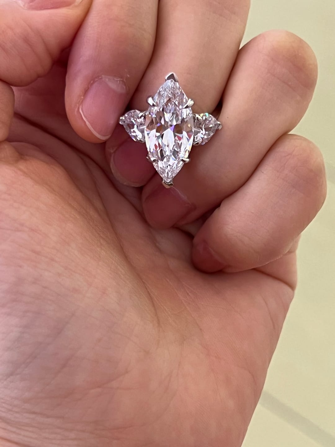 Customer photo review of Louily Marquise Cut Three Stone Engagement Ring In Sterling Silver