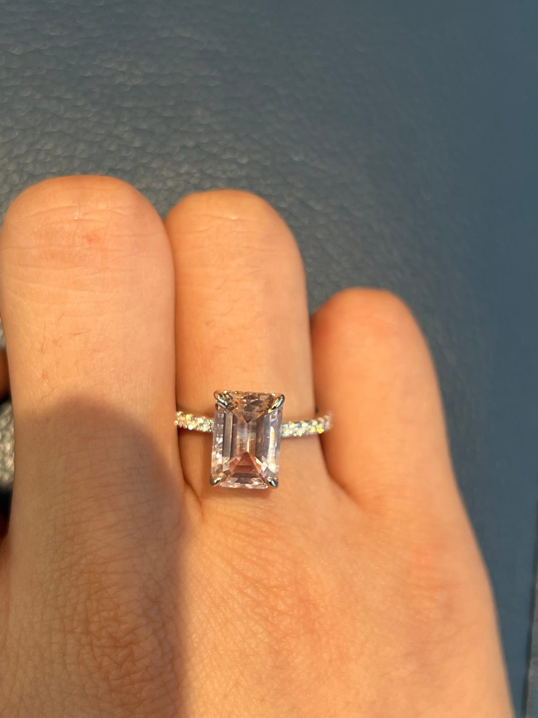 Customer photo review of Louily Elegant Emerald Cut Morganite Pink Women's Engagement Ring In Sterling Silver