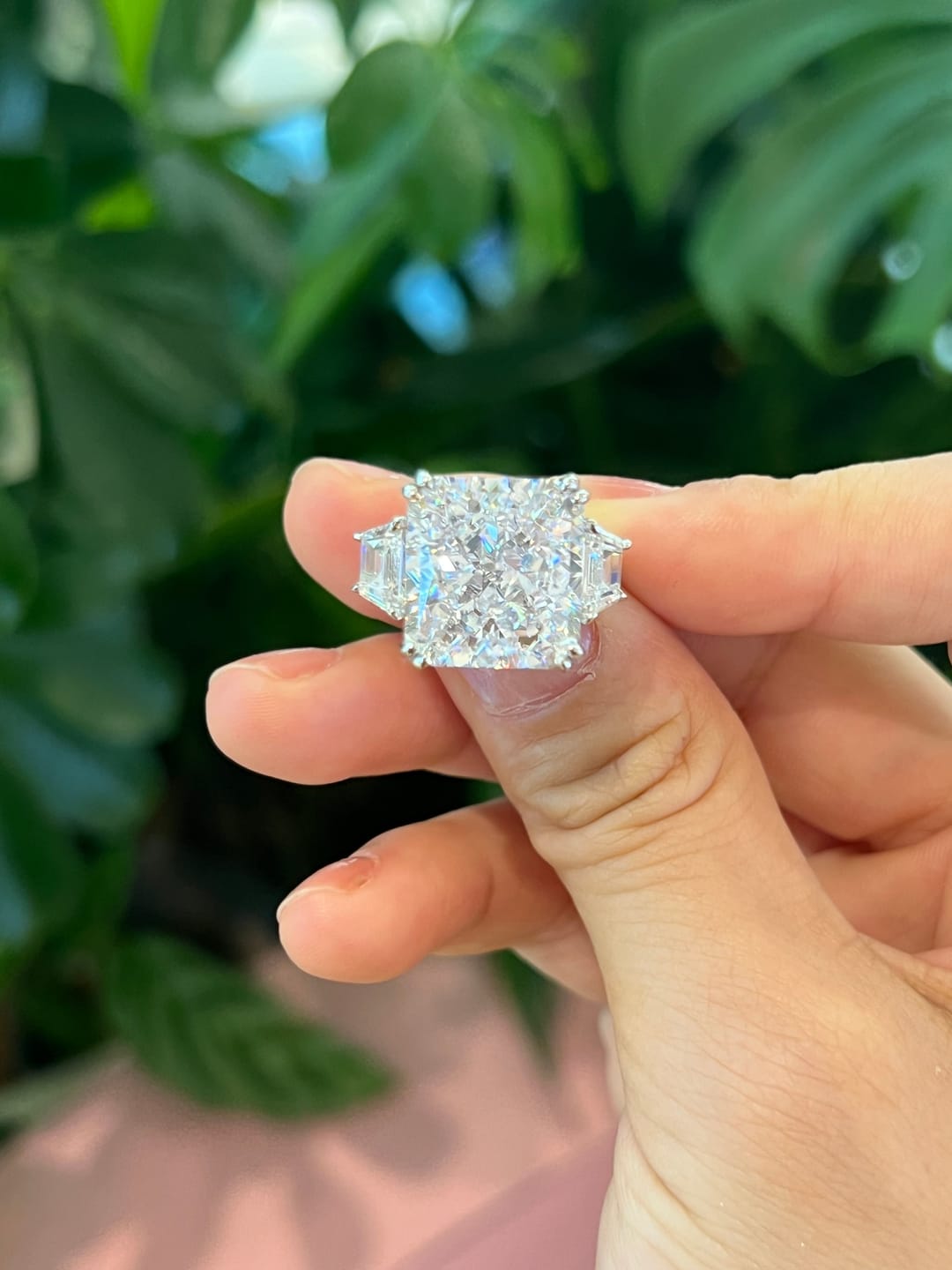 Customer photo review of S925 6.5/12.0 Ct Radiant Cut Crushed Ice Simulated Diamond Three-Stone Engagement Travel Ring