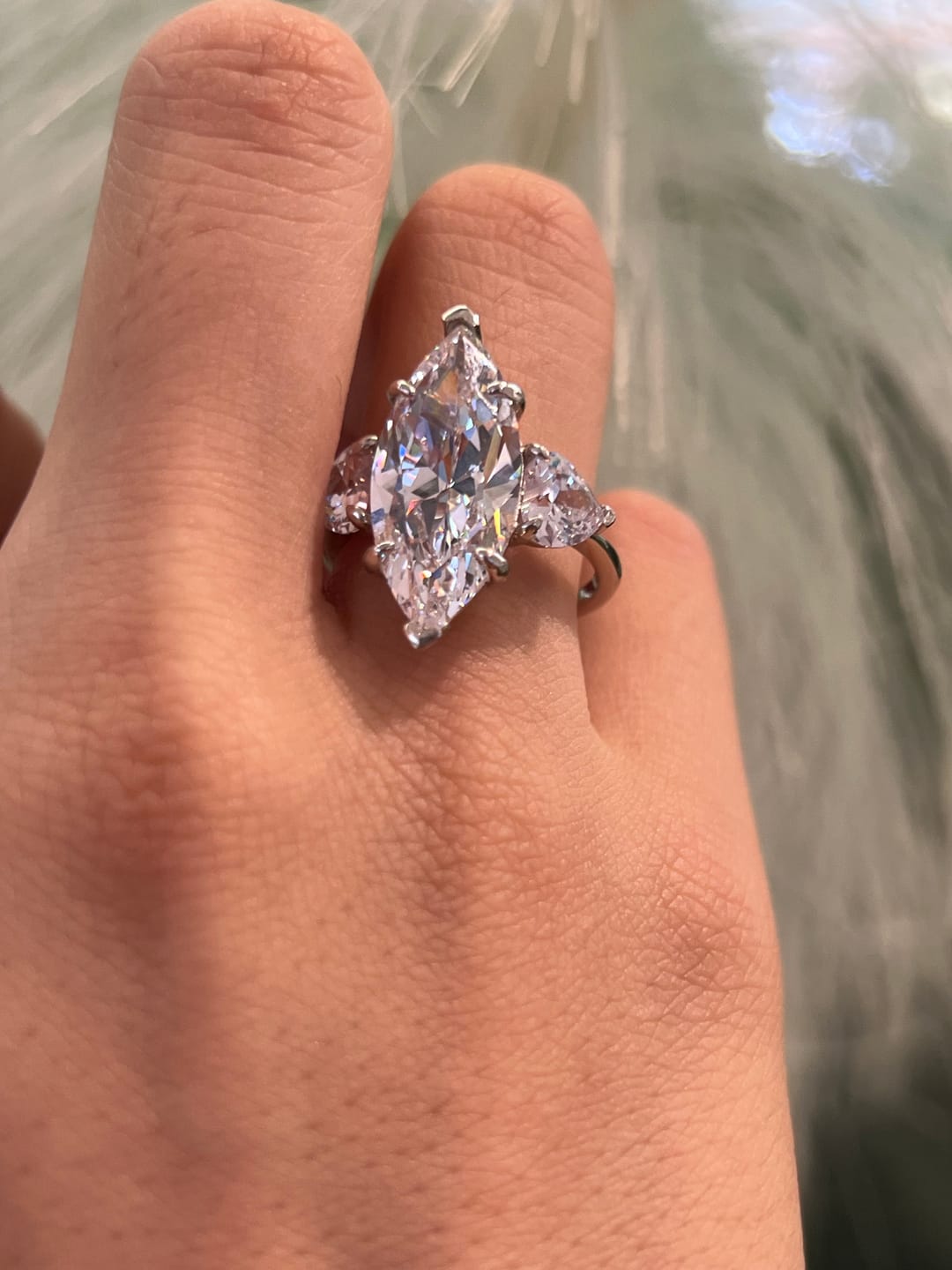 Customer photo review of Louily Marquise Cut Three Stone Engagement Ring In Sterling Silver