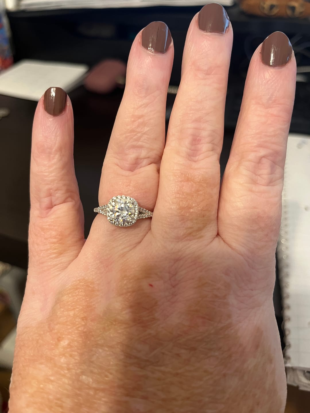Customer photo review of Moissanite Split Shank Square Halo Pave Engagement Ring