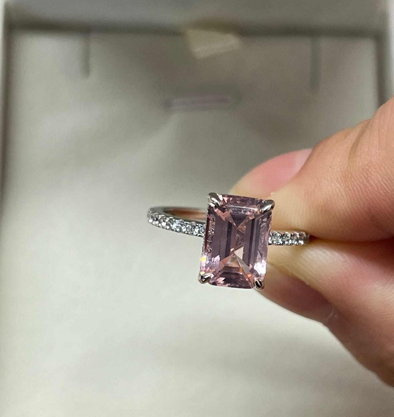 Customer photo review of Louily Elegant Emerald Cut Morganite Pink Women's Engagement Ring In Sterling Silver