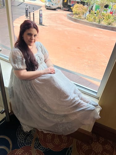 Customer photo review of Bridgerton Empire Waist grey ball gown, Regency Era dress with Lace Embroidery,  Jane Austin plus size
