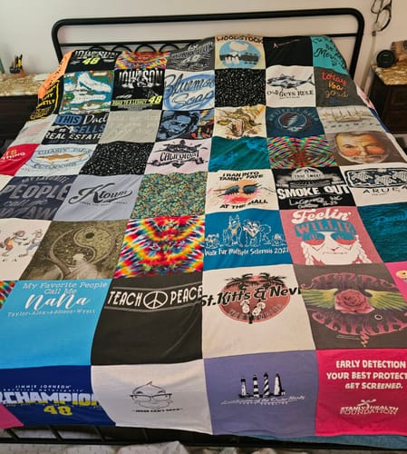 T-shirt quilt with music festivals, outdoor activities themes by Judy from NC