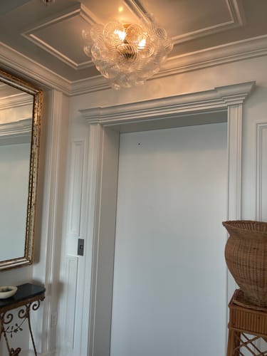 Customer photo review of 3-Light Brass Cluster Ribbed Glass Bubble Semi Flush Chandelier