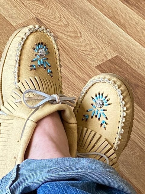 Customer photo review of Women's Moose Hide Beaded & Fringed Moccasin Shoes