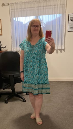 Customer photo review of Baby Doll Button Up Dress in Cottage Vine Aqua
