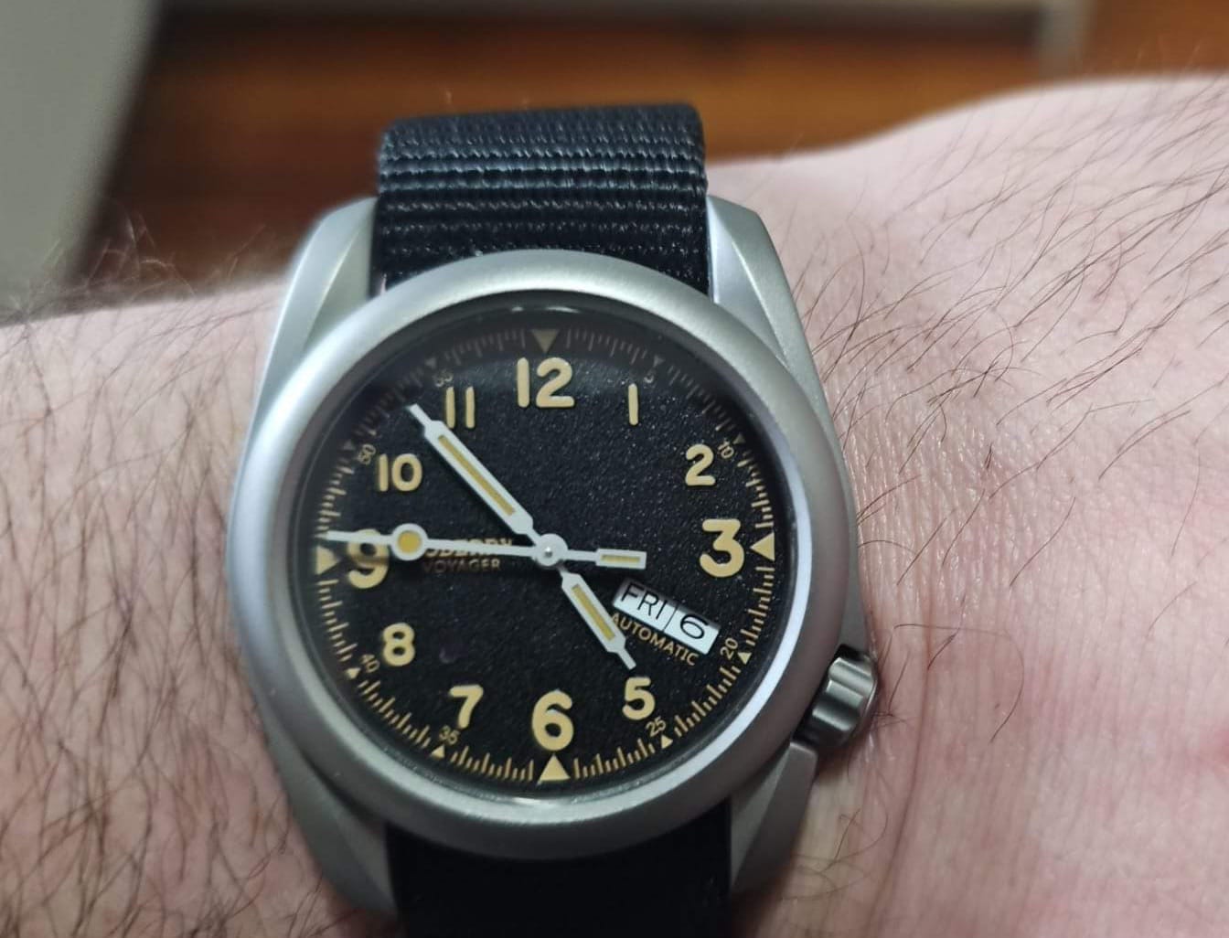 Customer photo review of VOYAGER - 100M Waterproof Titanium Automatic Field Watch | Volcanic Gray-Day,Date