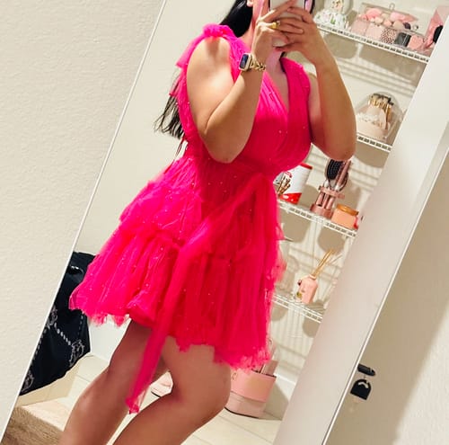 Customer photo review of Kara Hot Pink Pearl Tulle Mini Dress