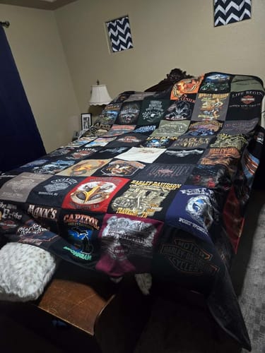T-shirt quilt with motorcycling, biking themes by Felichia from CO