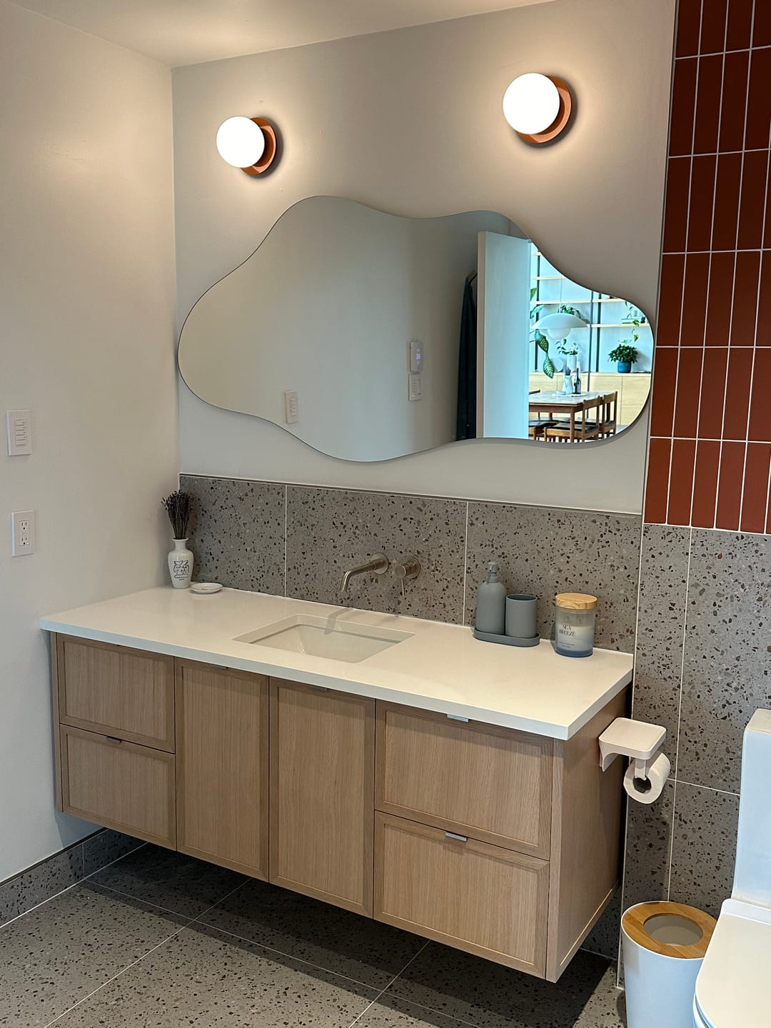 Customer photo review of Cape Breton 60" Wall Mount White Oak Bathroom Vanity