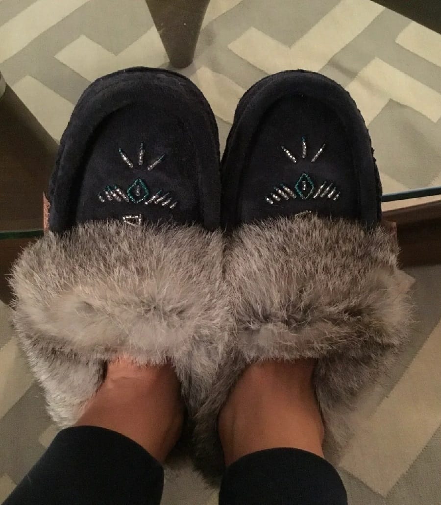 Customer photo review of Women's Rabbit Fur Thunderbird Beaded Moccasins