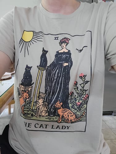 Customer photo review of The Cat Lady Tarot Card Tee