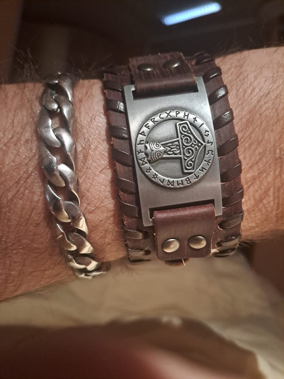 Customer photo review of Handmade Thor's Hammer Leather Arm Cuff Bracelet