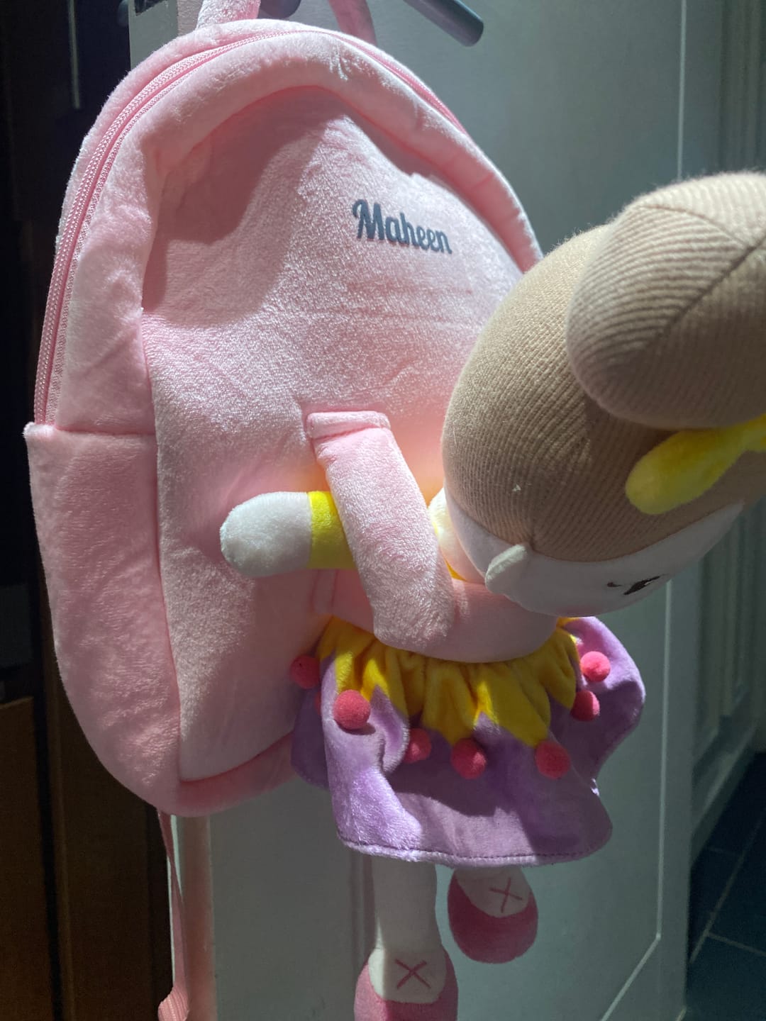 Customer photo review of Personalized Pink Plush Backpack with Doll Carrier