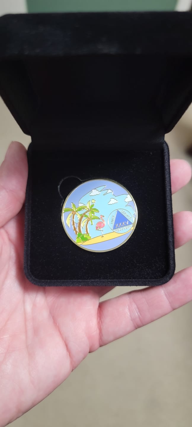 Customer photo review of 1 to 60 Year Beach Themed Specialty AA Recovery Medallion - Tri-Plated Chip/Coin