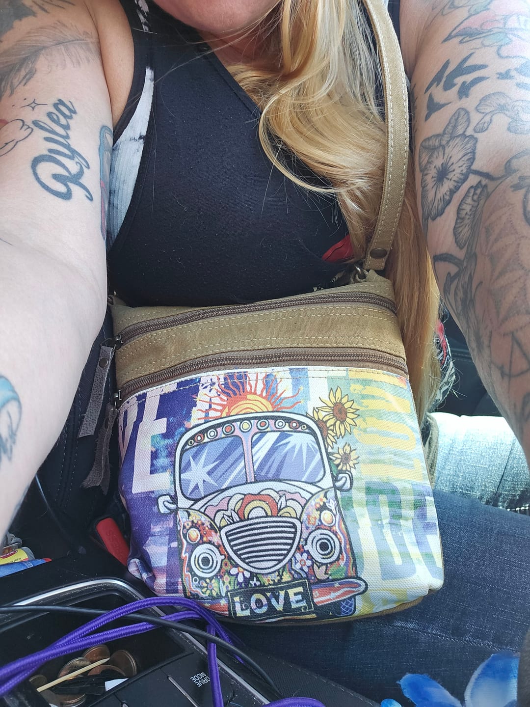 Customer photo review of Peace Love Bus Crossbody Bag
